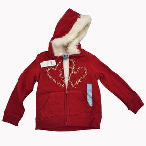 BabyGap Girls Size 4 Red Hoodie Faux Fur Lined Gold Heart Sweatshirt Jacket New
